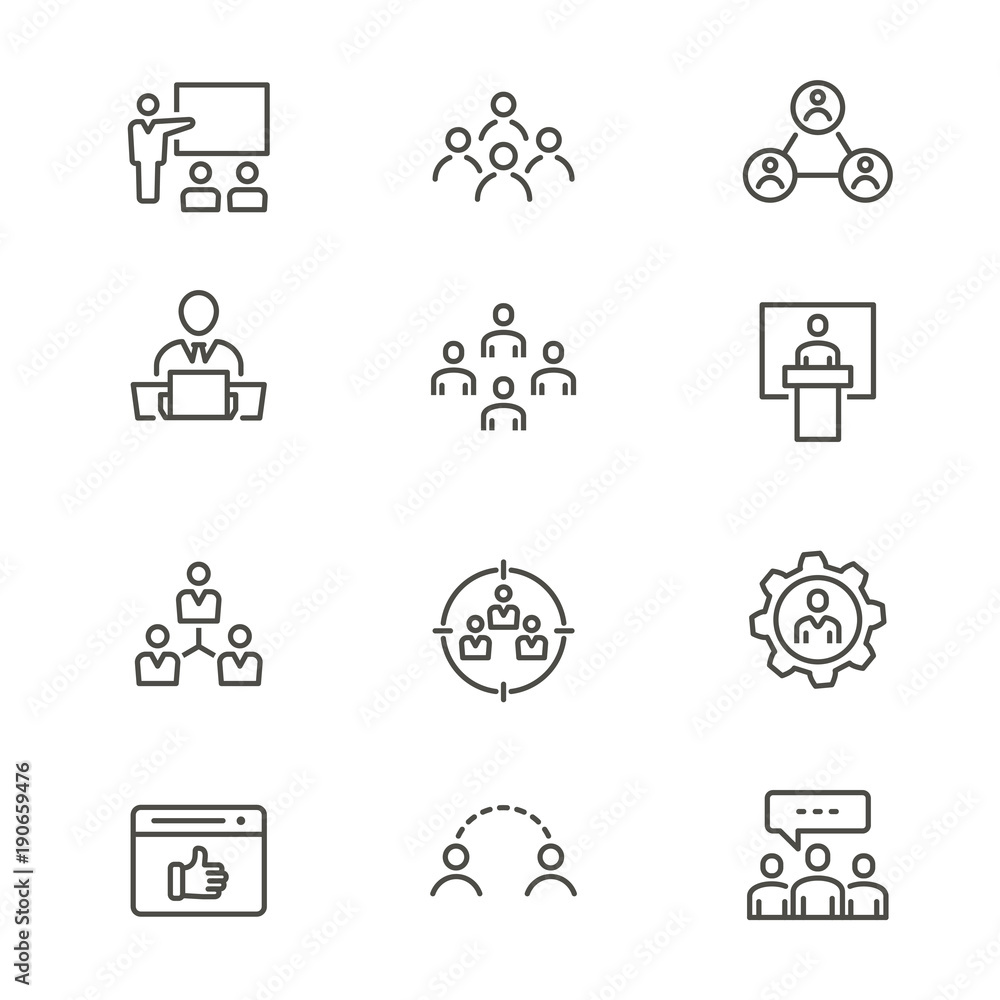 Poster management consulting - line vector icon set. editable stroke.