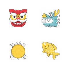 Chinese new year animal sign flat icon set with thin outline, turtle, carp fish, dragon and pearl, lion dance