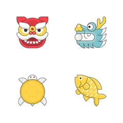 Fotobehang Chinese new year animal sign flat icon set with thin outline, turtle, carp fish, dragon and pearl, lion dance © lukpedclub