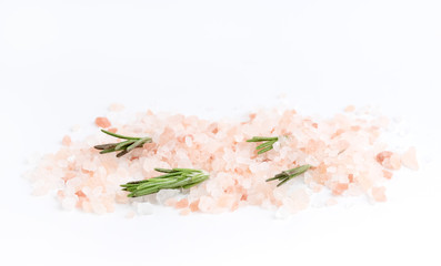Pink and White Sea Salt Herb Rosemary on White Background Spa Concept