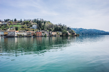 view of the island of San Giulio on Lake Orta,piedmont,italy