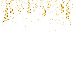 Christmas golden confetti with ribbon. Falling shiny confetti glitters in gold color. New year, birthday, valentine's day design element. Holiday background.