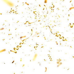 Christmas golden confetti with ribbon. Falling shiny confetti glitters in gold color. New year, birthday, valentine's day design element. Holiday background.