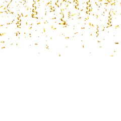 Christmas golden confetti with ribbon. Falling shiny confetti glitters in gold color. New year, birthday, valentine's day design element. Holiday background.