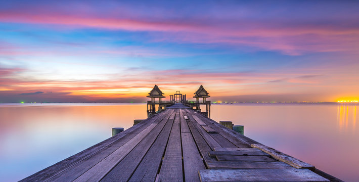 Landscape of Wood bridge  between sunset
