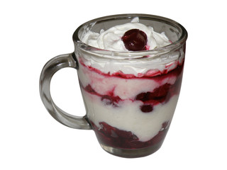 Isolated Cherry Cream Yogurt Dessert in glass cup