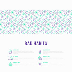 Bad habits concept with thin line icons set: abuse, alcoholism, cigarette, marijuana, drugs, fast food, poker, promiscuity, tv, video games. Modern vector iilustration for banner, print media.