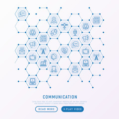 Communication concept in honeycombs with thin line icons: e-mail, newspaper, letter, chat, tv, support, video call, microphone. Modern vector illustration for banner, print media, web page.
