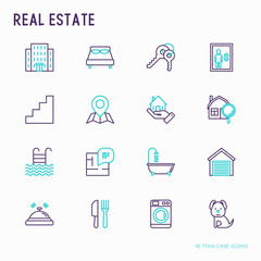 Rea estate thin line icons set: apartment house, bedroom, keys, elevator, swimming pool, bathroom, facilities. Modern vector illustration.