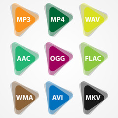 Set of colored media file icons. Icons of popular file types.