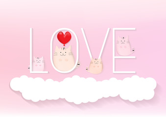 Fototapeta na wymiar Love letter with cute cats on cloud in pink tone that can use for wedding or Valentines day card.