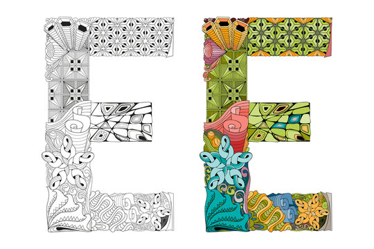 Letter E zentangle for coloring. Vector decorative object