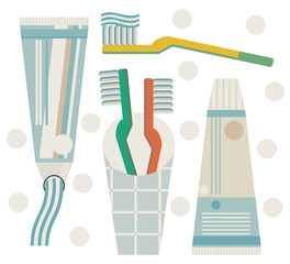 A collection of dental tooth, toothbrush, toothpaste, tube, tube cream.
