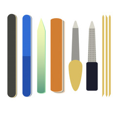 A collection set vector of manicure accessories - nail files, manicure tools, nail scissors, tweezers, nail polish, sticks. hand cream, brush. Illustration for manicure spa salons, body care.