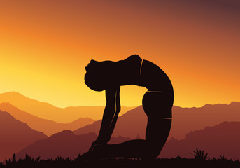 Yoga background.  Young woman practicing yoga on mountain, silhouette - vector illustration 