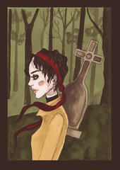 A sad girl with short black hair walks through the cemetery. The girl next to the grave. Gothic hand-drawn illustration