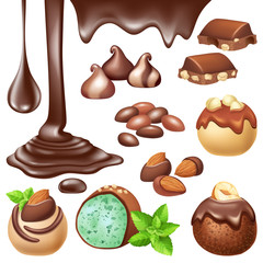 Set of chocolate with nuts. Melted dark chocolate. Isolated 3d vector illustration.