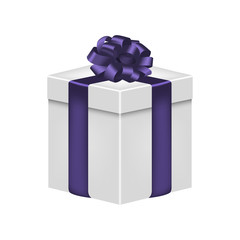 Obraz premium Gift box with ribbon and bow in violet color. Realistic giftbox. Vector illustration.