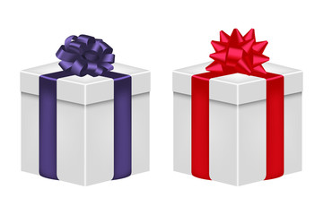 Gift box with ribbon and bow in violet and red color. Realistic giftbox set. Vector illustration.