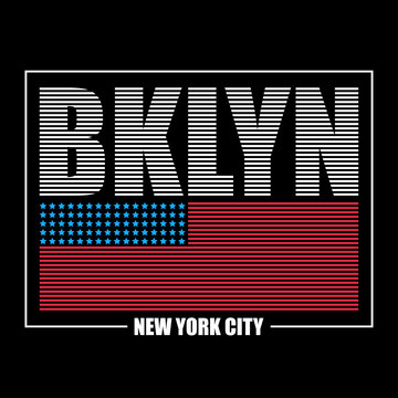 Brooklyn, New York typography graphics for t-shirt. Print athletic clothes with USA flag and lettering - BKLYN. Line design for sport original apparel. Vector illustration.
