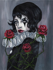 Pierrot with red roses. Hand-painted gothic illustration - obrazy, fototapety, plakaty