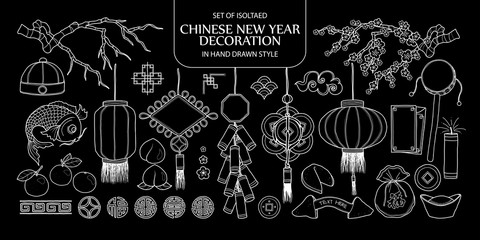 Set of isolated Chinese New year decoration. Cute hand drawn vector illustration only white outline.