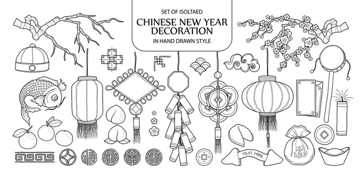 Set of isolated Chinese New Year decoration. Cute hand drawn vector illustration in black outline and white plane.