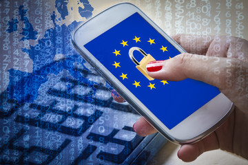 Padlock and EU flag on smartphone screen, GDPR metaphor