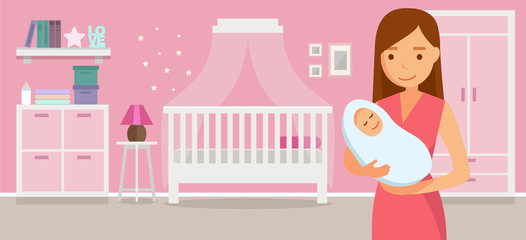Maternity concept illustration, mother and a newborn baby in the cute nursery interior. illustration in flat style