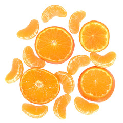 Ripe cut and slice tangerines top view isolated