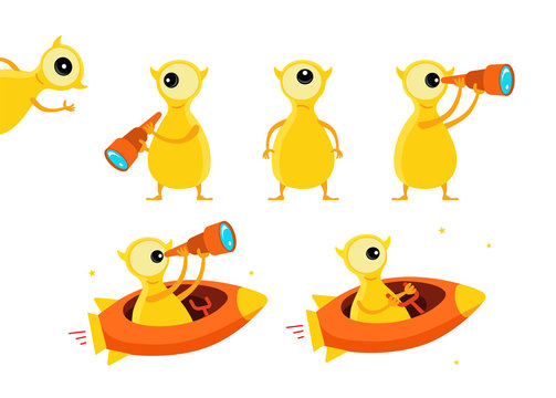One-eyed yellow alien character set. With telescope search. On rocket starfish. Flat color vector illustration stock clipart