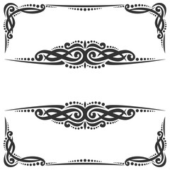Vector decorative black frames on white, ornate decoration with flourishes for wedding invitation, vintage filigree dividers with curls and dots, border with sophisticated victorian design elements.