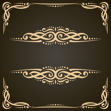 Vector decorative golden frames on dark, ornate decoration with flourishes for wedding invitation, vintage filigree dividers with curls and dots, border with sophisticated victorian design elements.