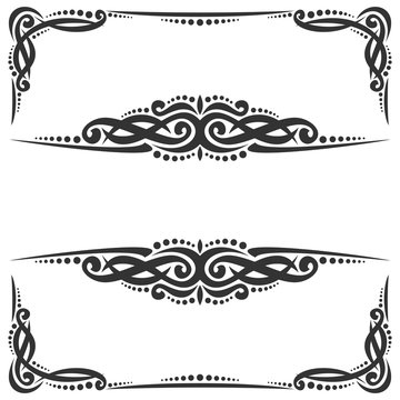 Vector decorative black frames on white, ornate decoration with flourishes for wedding invitation, vintage filigree dividers with curls and dots, border with sophisticated victorian design elements.