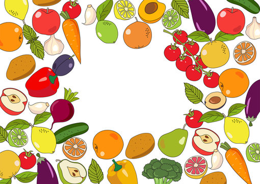 Fruits and vegetables frame with copy space - cute colorful vector illustration template with different types of fruits and vegetables