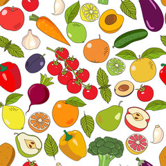 Fruits and vegetables seamless pattern - cute colorful vector illustration template with different types of fruits and vegetables