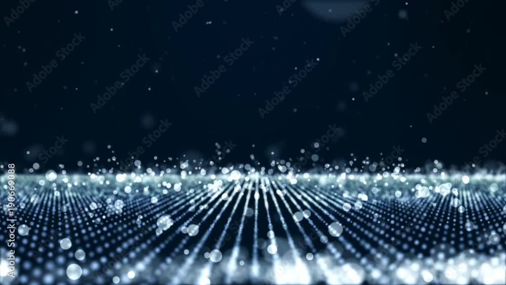 Poster animation seamless loop, motion abstract background with white and blue moving and flicker particles