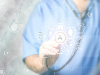 Doctor medicine with stethoscope in a hospital  touching icon network connection with modern virtual screen interface, medical technology network concept