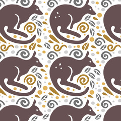 Vector flat seamless pattern with cute funny hand drawn animals silhouette isolated on white background. Perfect for packaging design, prints, banners etc.