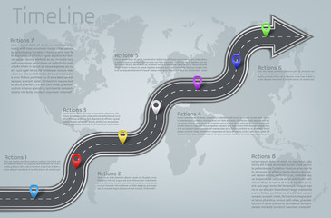 Vector company corporate car road curved arrow shape world map milestone, timeline business presentation layout infographic plan workflow pointer marks, action step. Concept template illustration