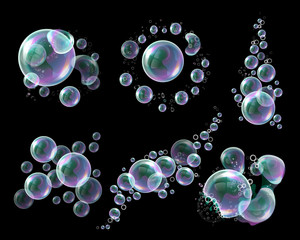 Vector 3d soap transparent bubbles isolated on black background. Water spheres, realistic balls, soapy balloons, soapsuds. Glossy foam aqua, bright abstract elements, print, mock up.