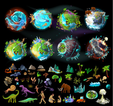 Stages of Earth evolution, vector cartoon creation set with various colorful icons, plants, animals, rocks, dinosaurs. Timeline, the origin of life and death, elements for infographic and game design