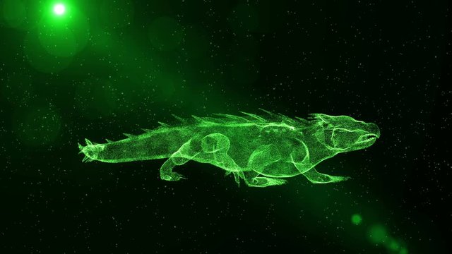 Komodo Dragon, abstract reptile animal walking through particles, fantasy 3D animation