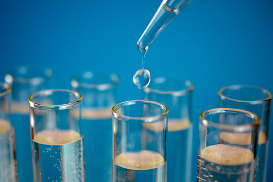 Glass test tubes with laboratory clear liquids, drops from a pipette. Science and laboratory research in the field of medicine. copy space, close up, selective focus , blurred background