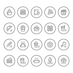 Fototapeta premium Set round line icons of fast food