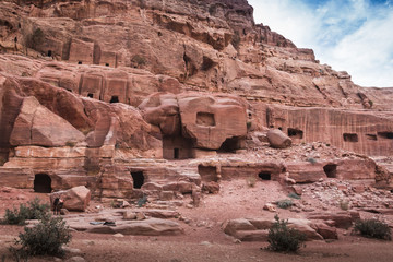 Ancient city Petra and the facades of old buildings in it
