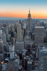New York City skyline, Manhattan at sunset.