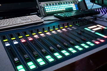 Professional sound engineer's console. Remote control for the sound engineer. Mixing consoles....