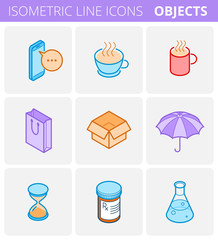 Colored isometric outline icon set. Vector linear symbols collection. Flat line icons of objects: mobile phone, umbrella, pill bottle, cup, mug, paper bag, cardboard box, clock-sand, lab flask.