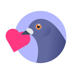 A post pigeon with an red heart in the beak. Flat vector illustration of a homing-pigeon carring heart shape sign.  Valentine day, postal, bird, dove mail concept isolated on white background.